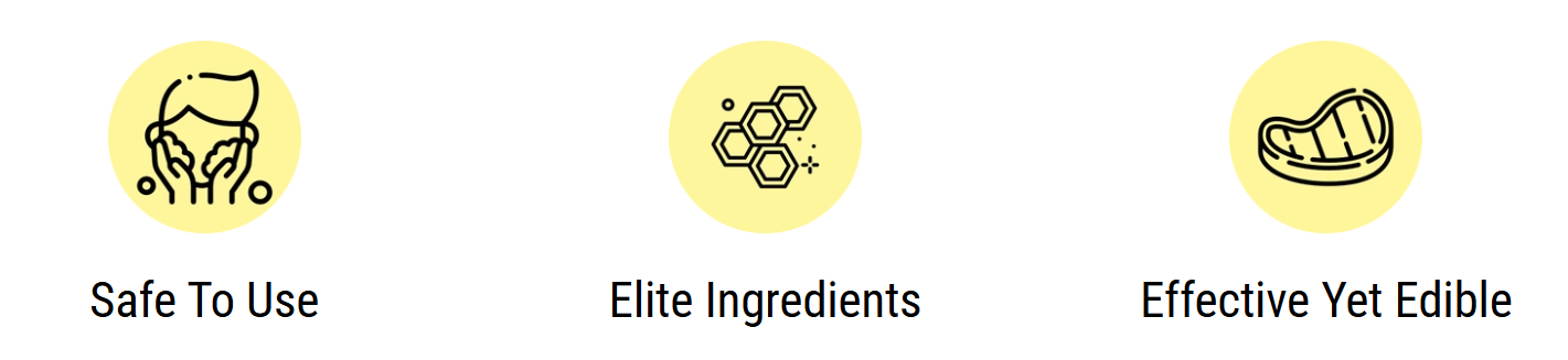 Safe To Use · Elite Ingredients · Effective Yet Edible
